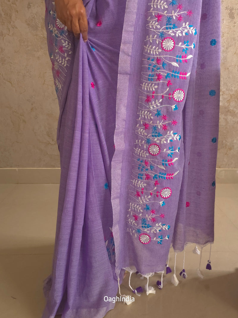 PhoolRani : Soft Khadi Cotton flower embroidery saree (Lavender)