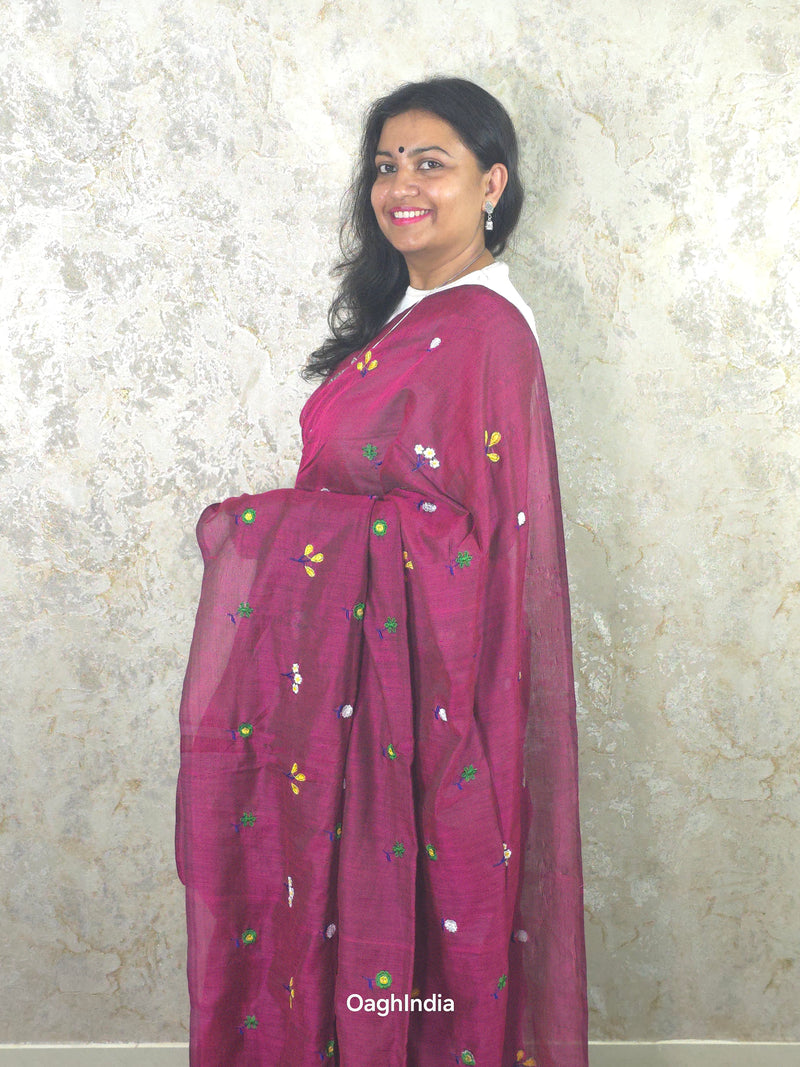 PhoolRani : Soft Khadi Cotton flower embroidery saree (Mulberry Magenta)