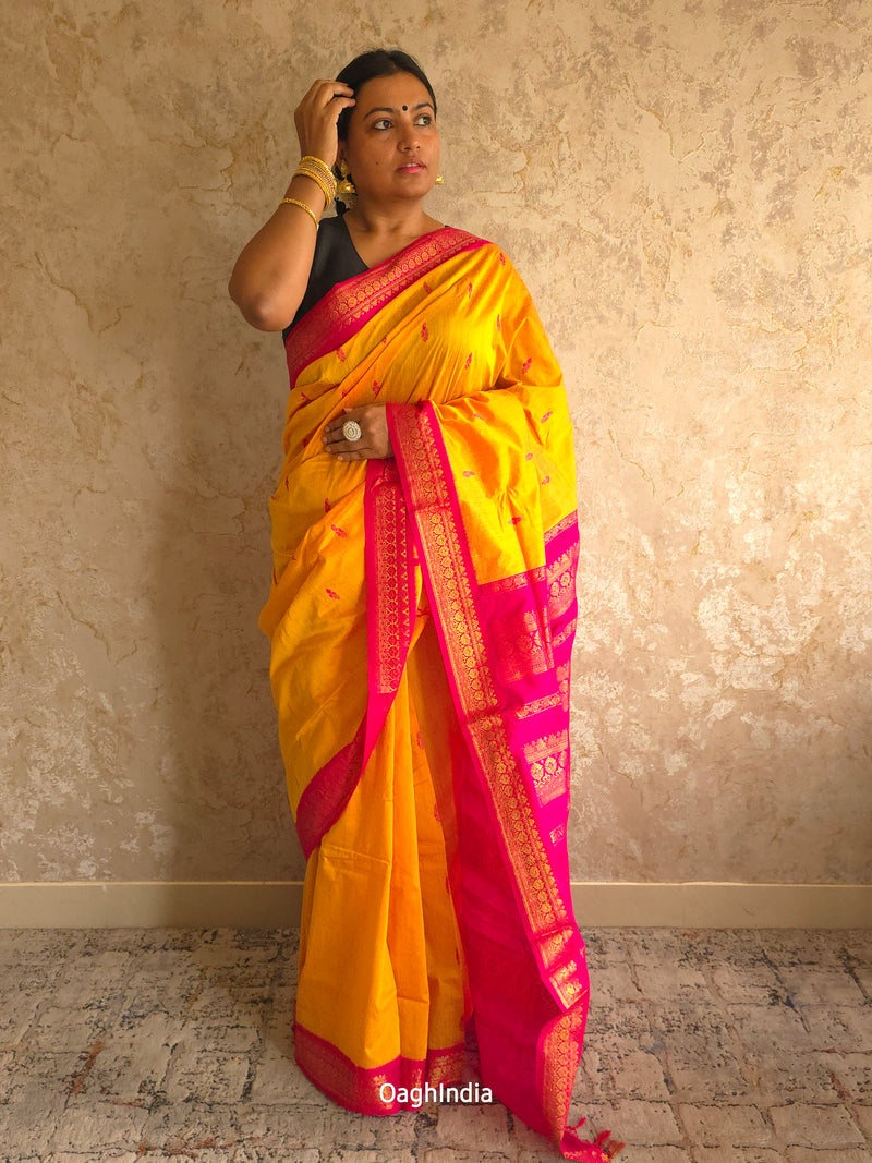 Utsav : Festive Cotton Silk Contrast Saree with Zari Border(Yellow, Pink)