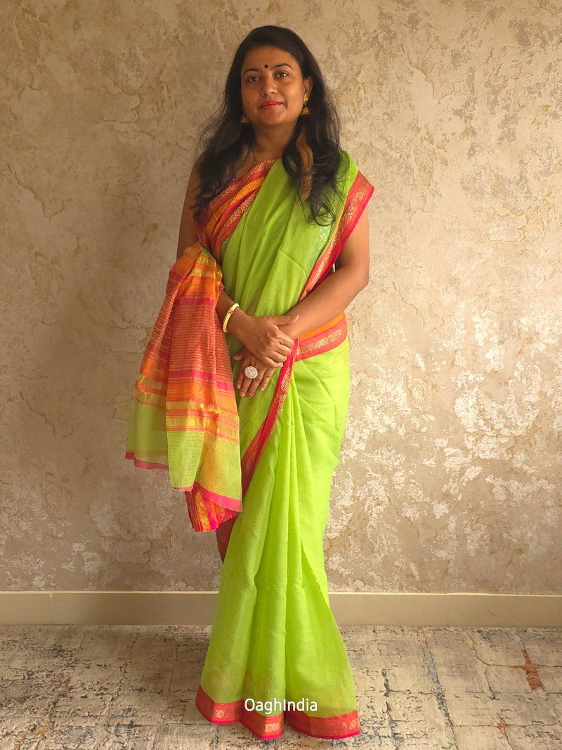 Tamhini: Pure kota doria cotton sarees with exquisite zari chit border ( Parrot Green )