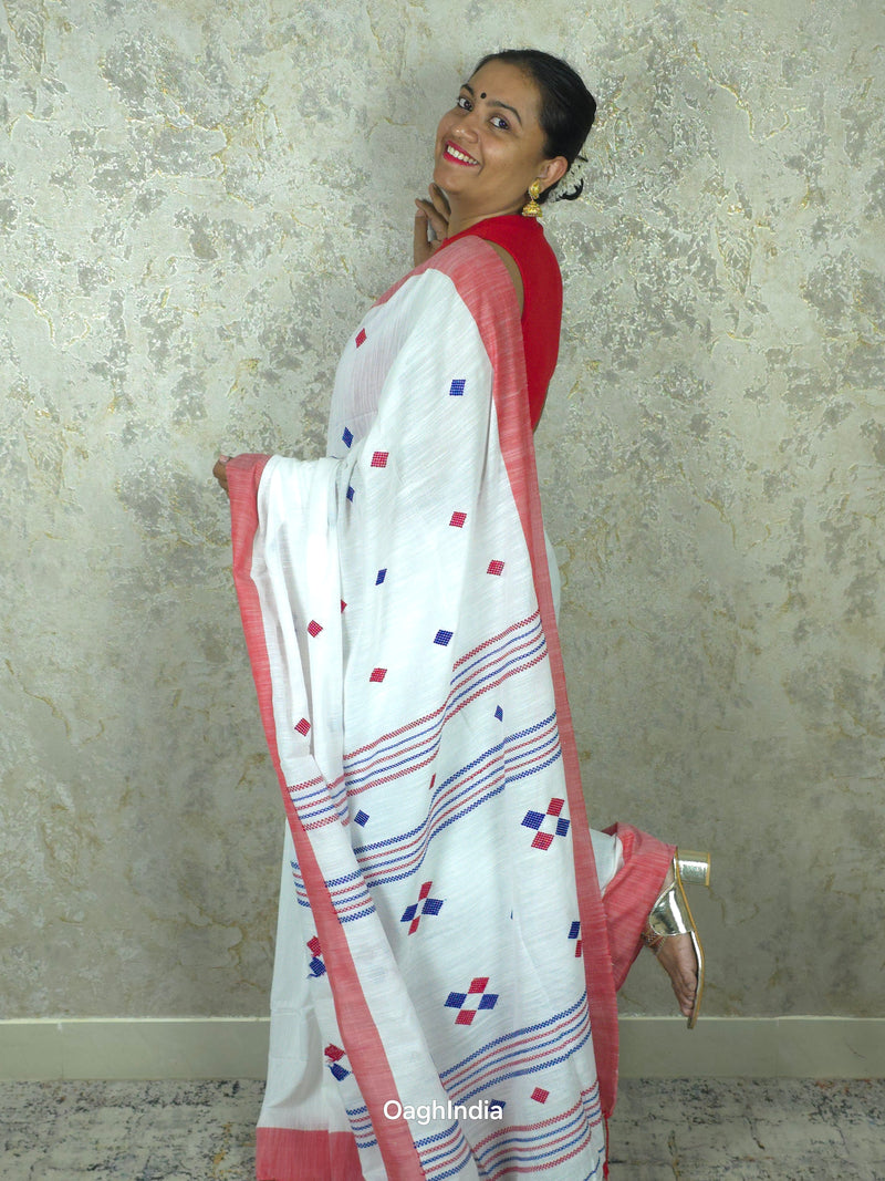 Red White Bhujori Handloom Saree