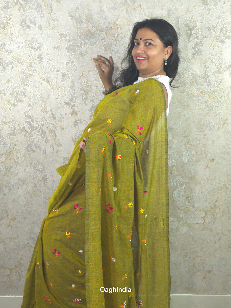 PhoolRani : Soft Khadi Cotton flower embroidery saree (Musturd Green)