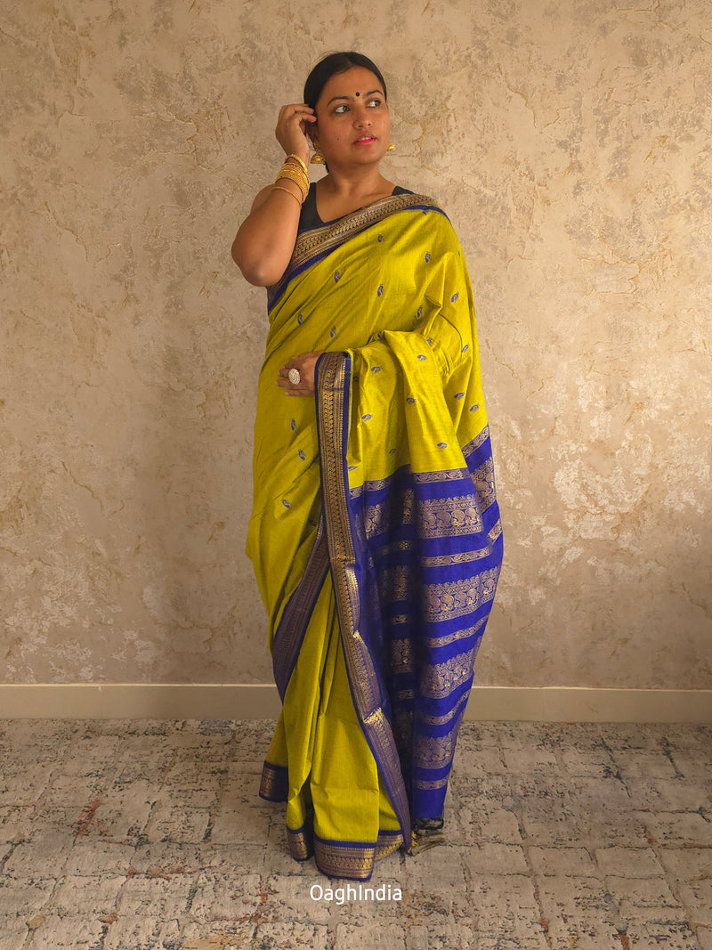 Utsav : Festive Cotton Silk Contrast Saree with Zari Border(Lime Green,Blue)