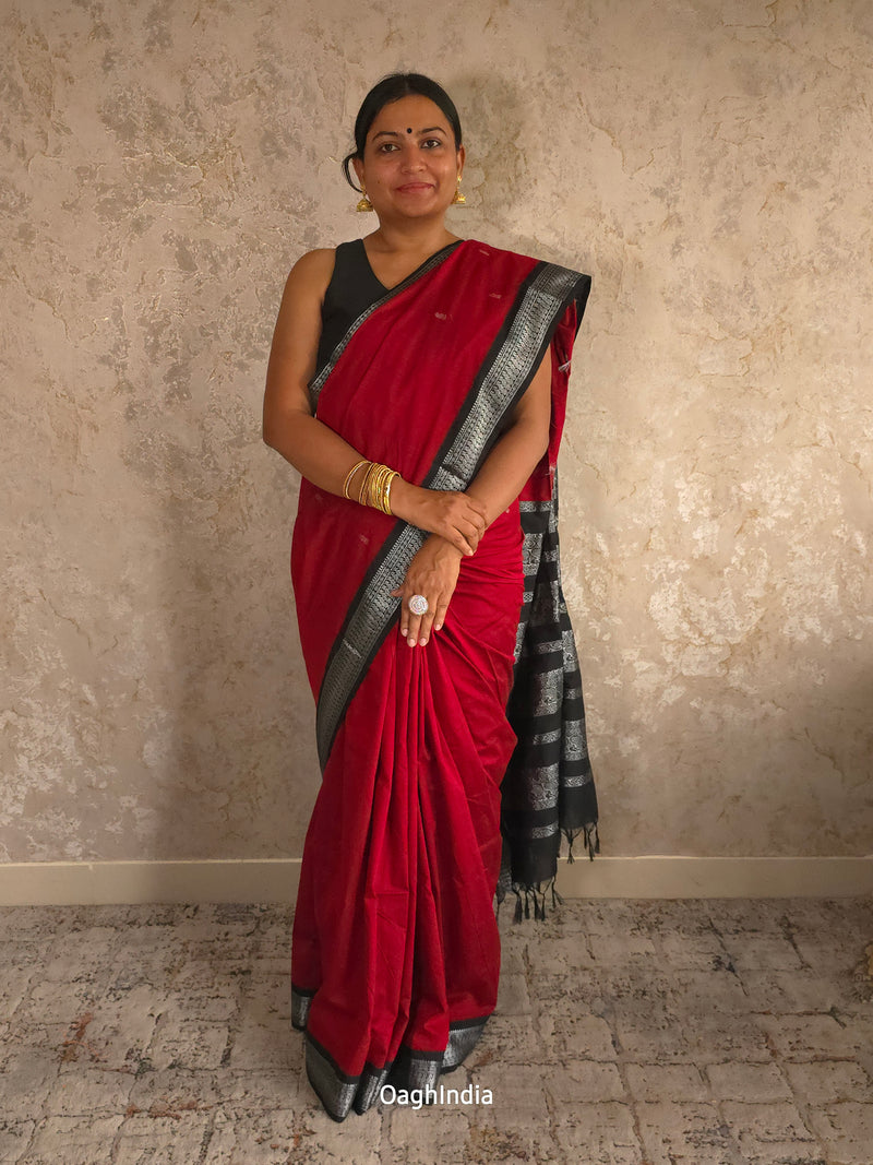 Utsav : Festive Cotton Silk Contrast Saree with Zari Border(Maroon,Black)