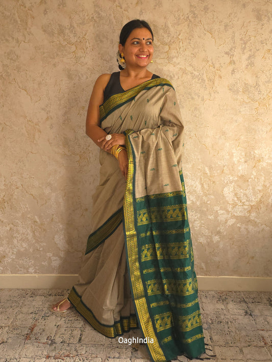 Utsav : Festive Cotton Silk Contrast Saree with Zari Border(Grey, Green)