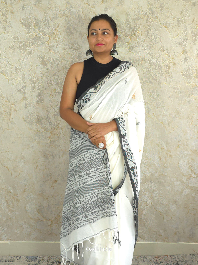 Lata : Phulia Cotton Jamdani Weaving Handloom (Snow White)