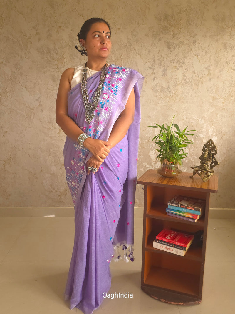 PhoolRani : Soft Khadi Cotton flower embroidery saree (Lavender)