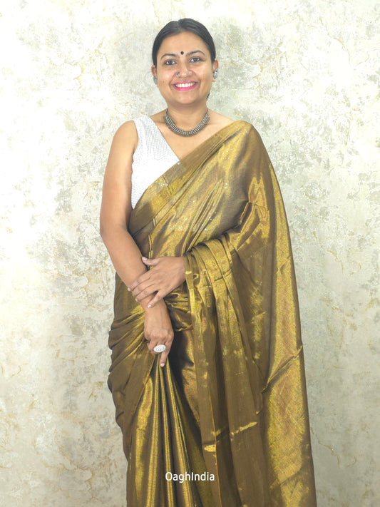 Antique Gold Handloom Tissue Saree (With Big Tassels)