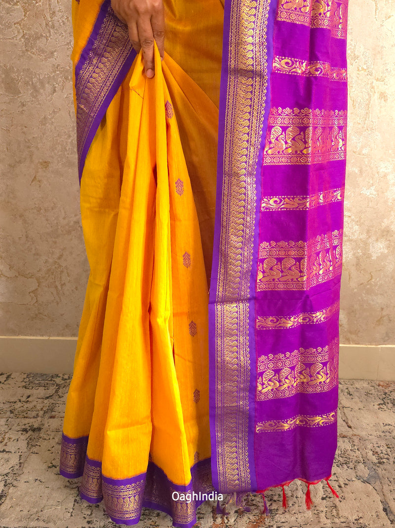 Utsav : Festive Cotton Silk Contrast Saree with Zari Border(Yellow, Purple)