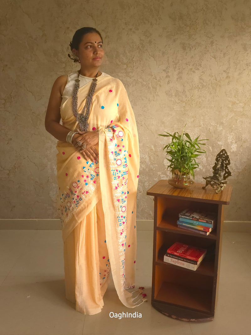 PhoolRani : Soft Khadi Cotton flower embroidery saree (Light Peach)