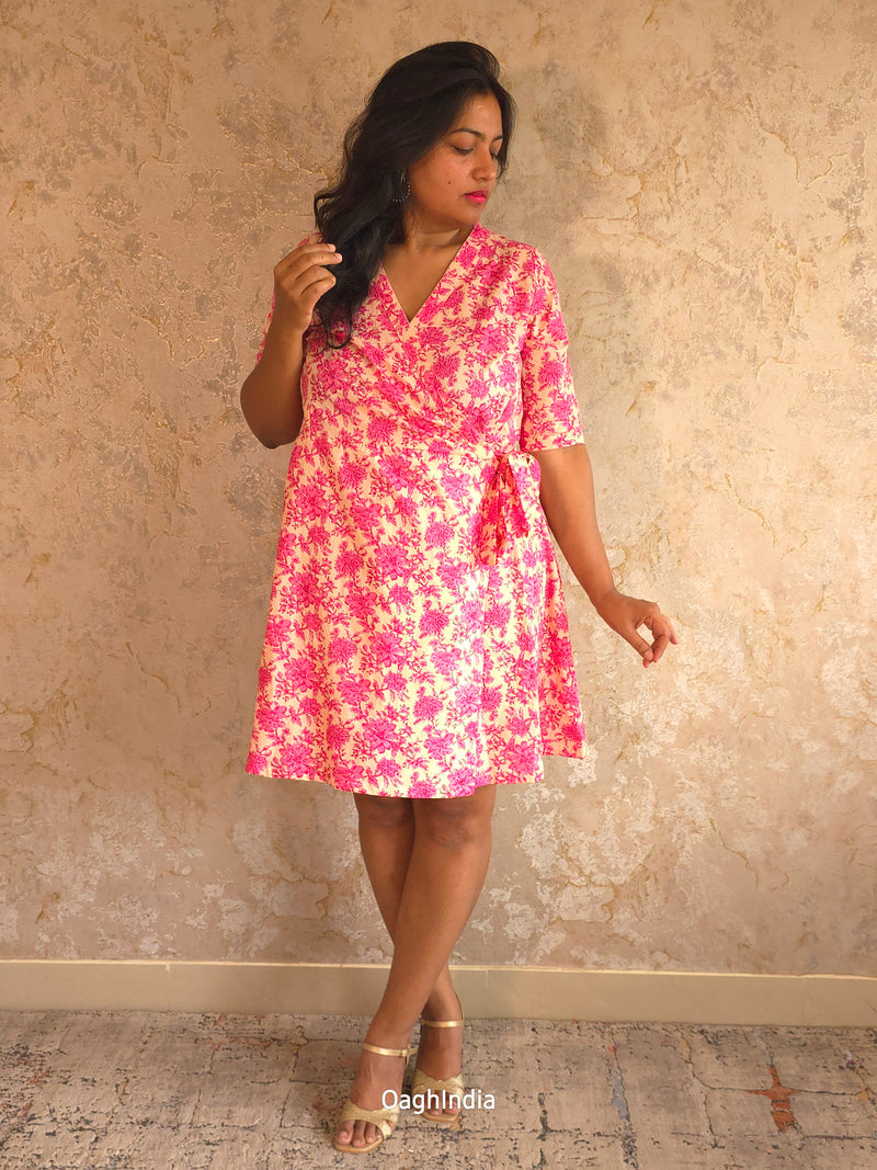 Saanvi Bloom : Floral Wrap Dress(Pink, White)