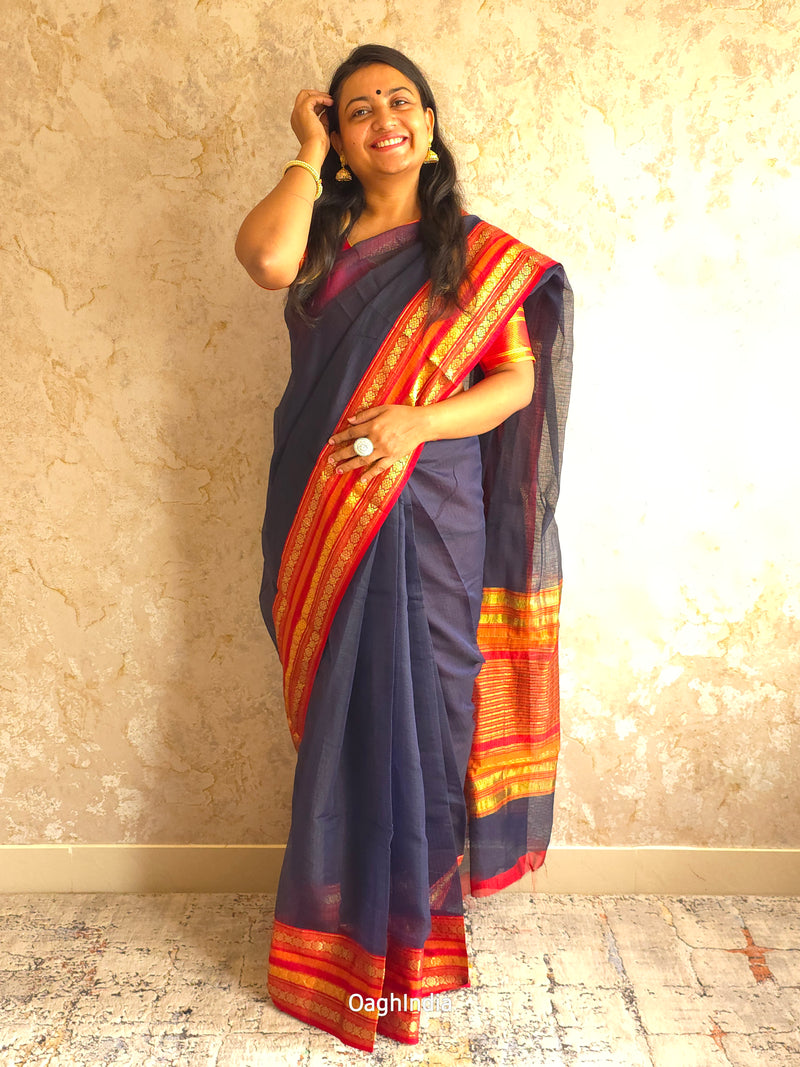 Tamhini: Pure kota doria cotton sarees with exquisite zari chit border ( Dark Blue )