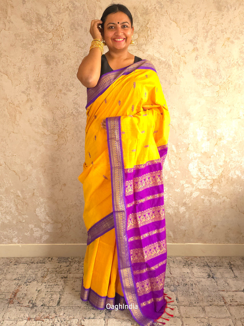 Utsav : Festive Cotton Silk Contrast Saree with Zari Border(Yellow, Purple)