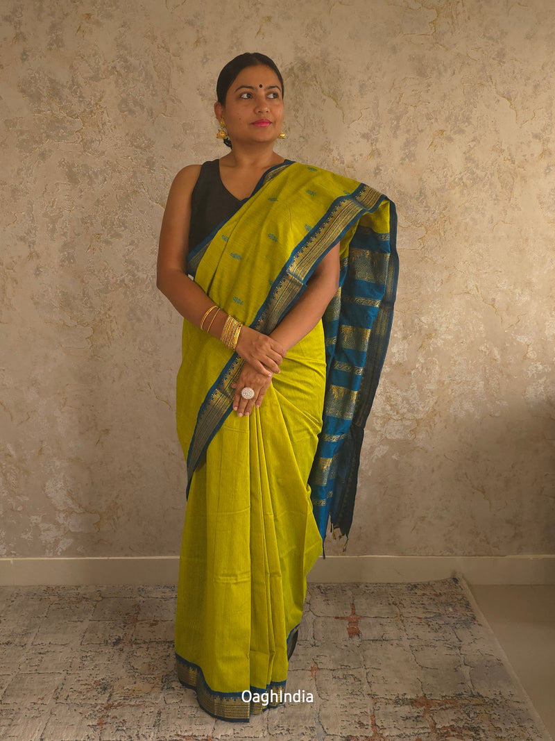 Utsav : Festive Cotton Silk Contrast Saree with Zari Border(Lime Green, Blue)