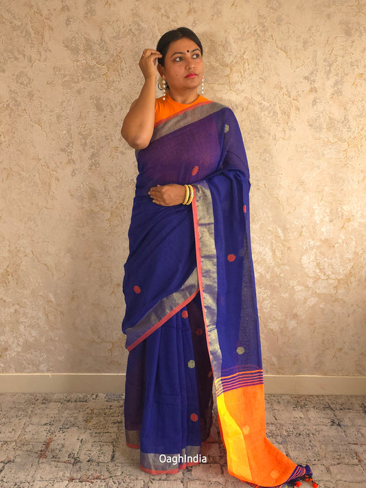 Candy : Beautiful Navy Blue Khadi saree with Orange Pallu and Embroidered balls