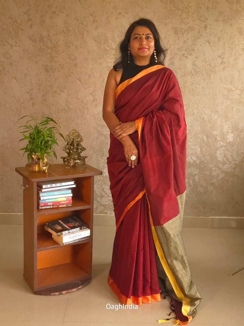 Popsicle : Beautiful Maroon khadi saree with zari border and zari pallu