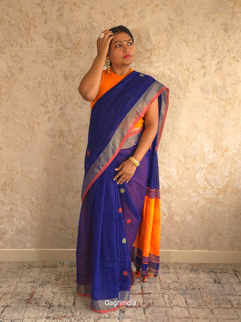 Candy : Beautiful Navy Blue Khadi saree with Orange Pallu and Embroidered balls