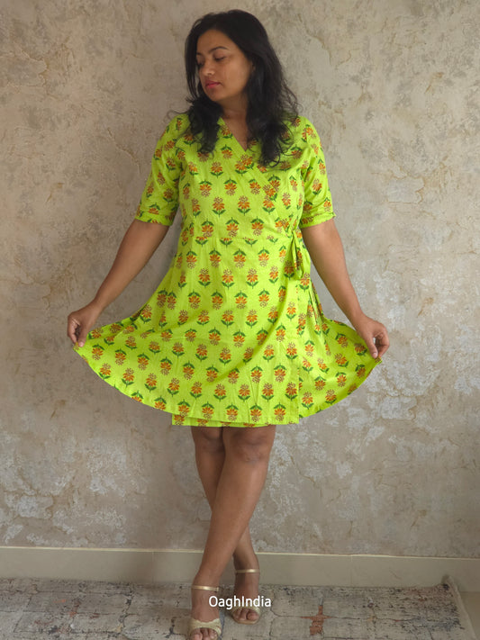 Neon Flair : Floral Wrap Dress(Neon Green)