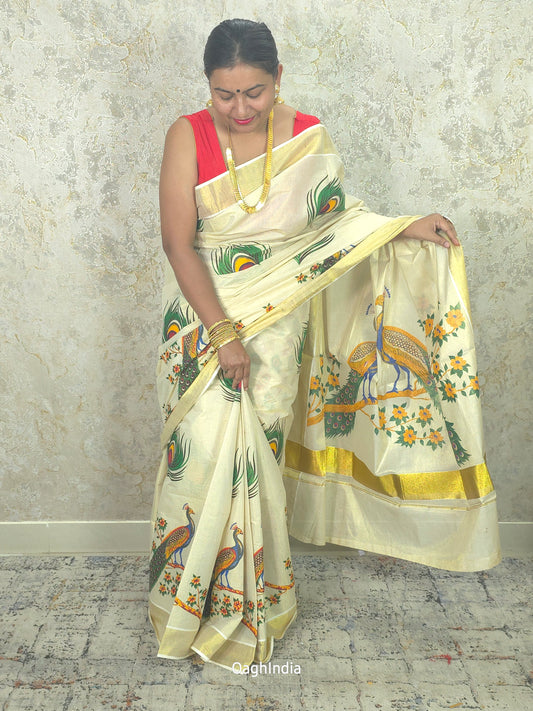 Kasavu : Onam Special Kerala Kasavu Saree with Peacock and feather Print