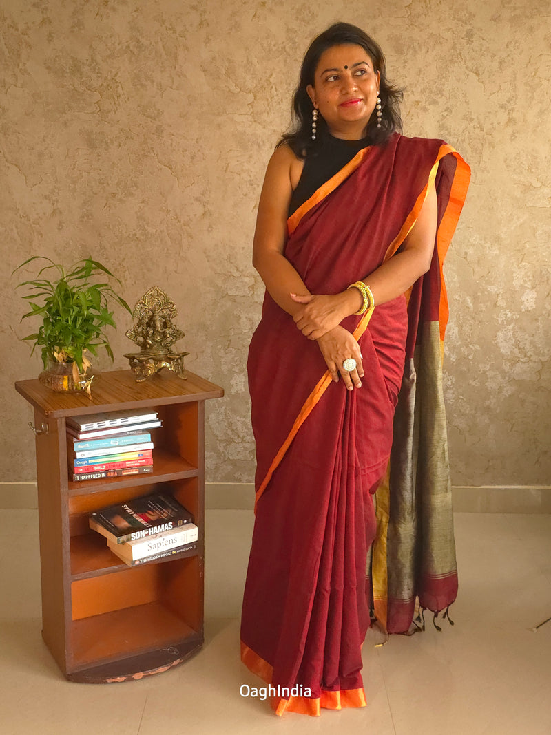 Popsicle : Beautiful Maroon khadi saree with zari border and zari pallu