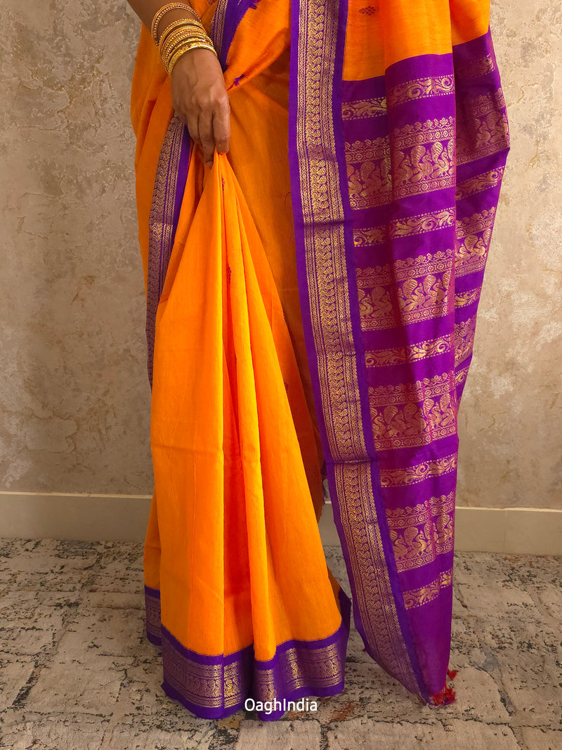 Utsav : Festive Cotton Silk Contrast Saree with Zari Border(Orange,Purple)