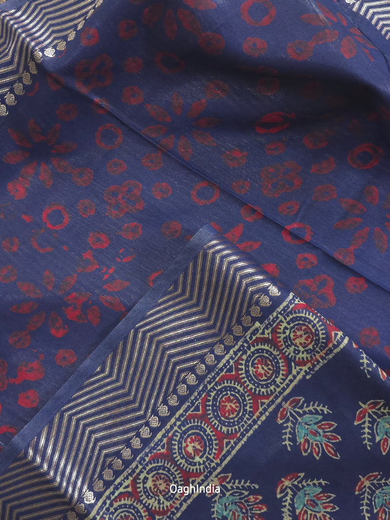 IRA : Ajrakh Handblock print Semi Crepe Saree(Nepthol Blue)