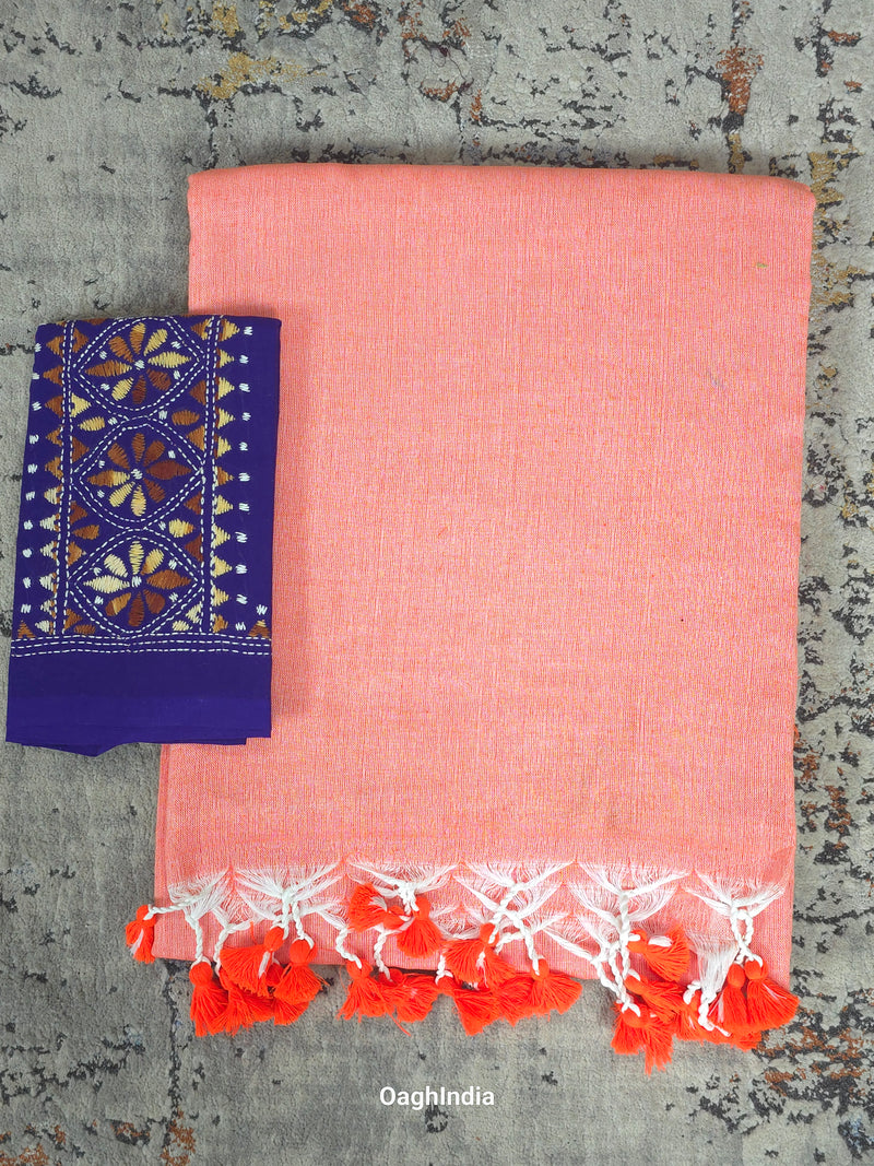 Sadagi: Coral Peach Pink Soft Khadi Saree