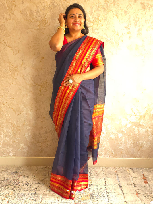 Tamhini: Pure kota doria cotton sarees with exquisite zari chit border ( Dark Blue )