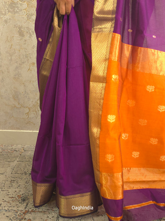 Weaves of Maheshwar : Pure Maheshwari Handloom Saree Dual Colour(Wine, Orange)