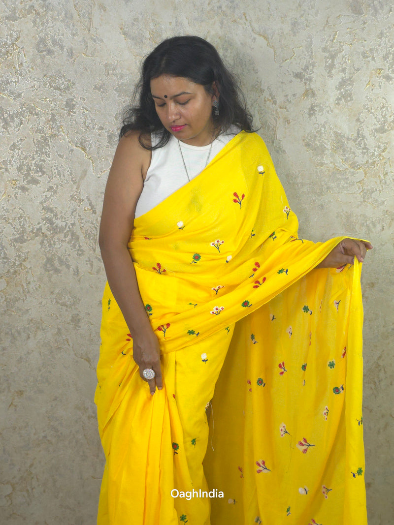 PhoolRani : Soft Khadi Cotton flower embroidery saree (Sunflower Yellow)