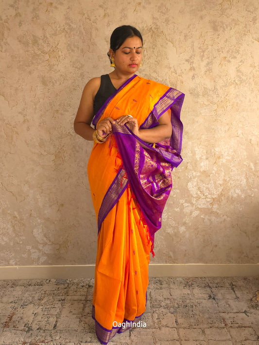 Utsav : Festive Cotton Silk Contrast Saree with Zari Border(Orange,Purple)