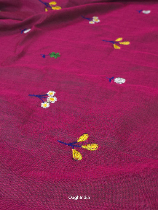 PhoolRani : Soft Khadi Cotton flower embroidery saree (Mulberry Magenta)