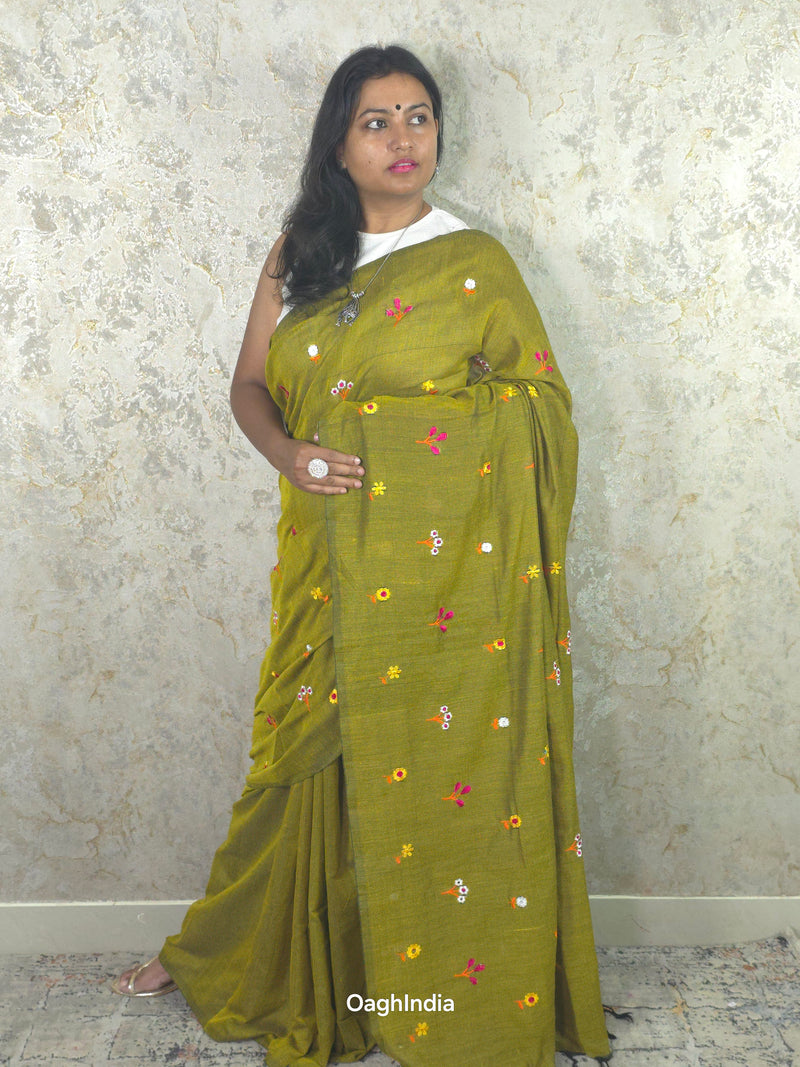 PhoolRani : Soft Khadi Cotton flower embroidery saree (Musturd Green)