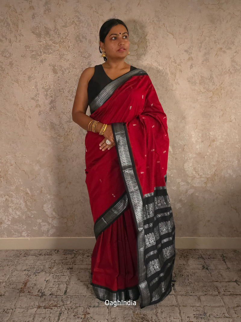 Utsav : Festive Cotton Silk Contrast Saree with Zari Border(Maroon,Black)