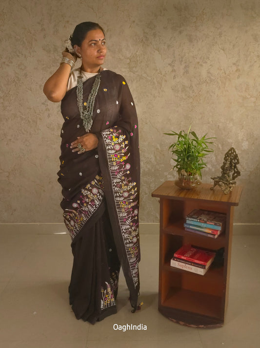 PhoolRani : Soft Khadi Cotton flower embroidery saree (Dark Chocolate Brown)