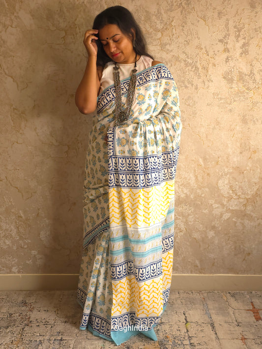 Bosslady - Handblock Sanganeri Print Mul Cotton Saree (White, Yellow, Blue)