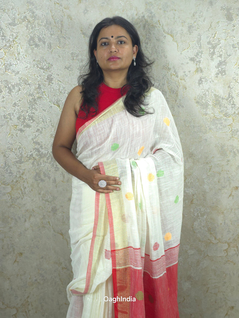 Candy : Beautiful handloom White Khadi saree with Red Pallu