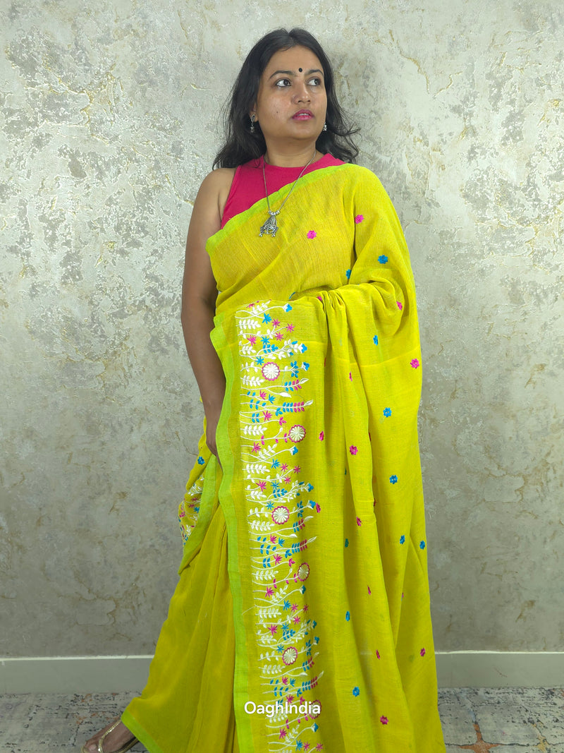 PhoolRani : Soft Khadi Cotton flower embroidery saree (Lime Yellow)