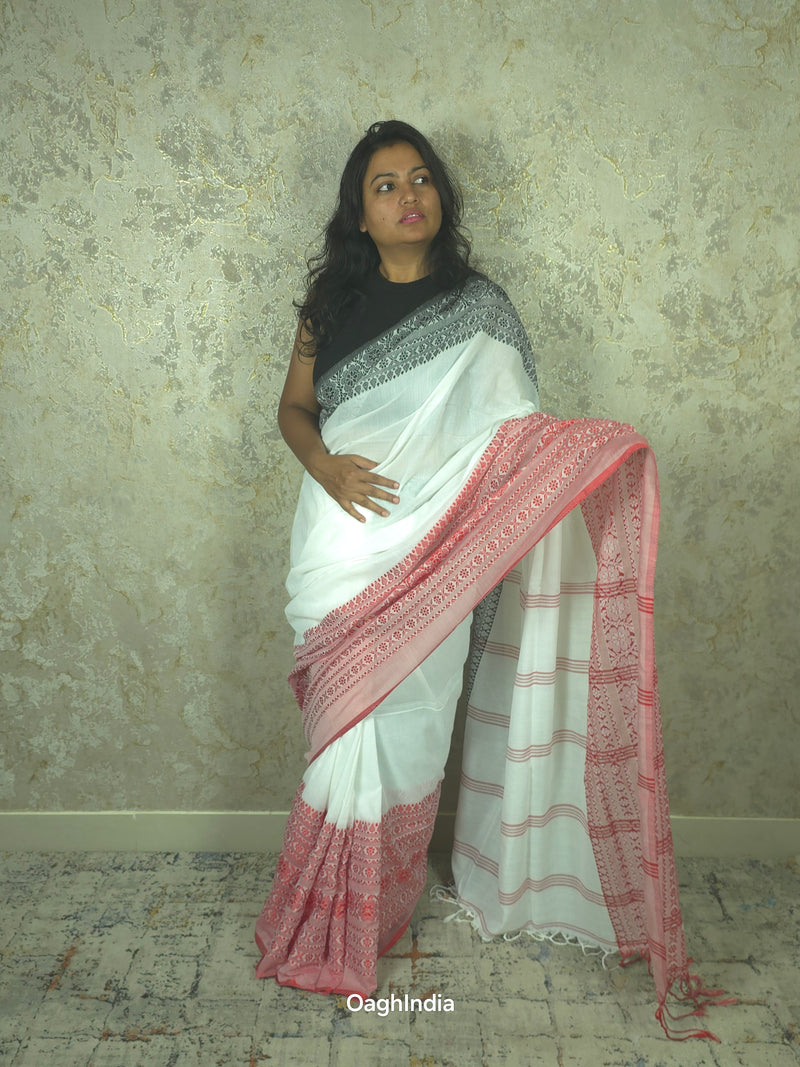 Mukta : Pure Handloom weaved borders Khadi Sarees(Red, White, Black)