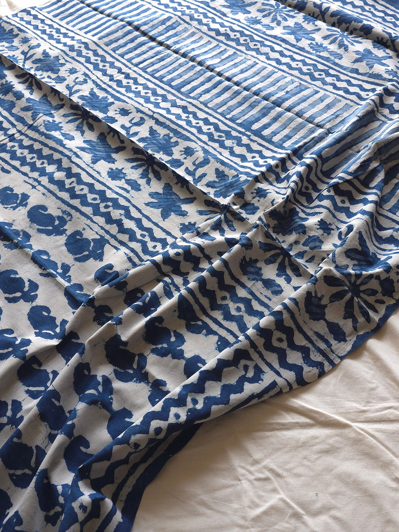 Bosslady - Leaf print White/Indigo Chanderi Cotton Saree