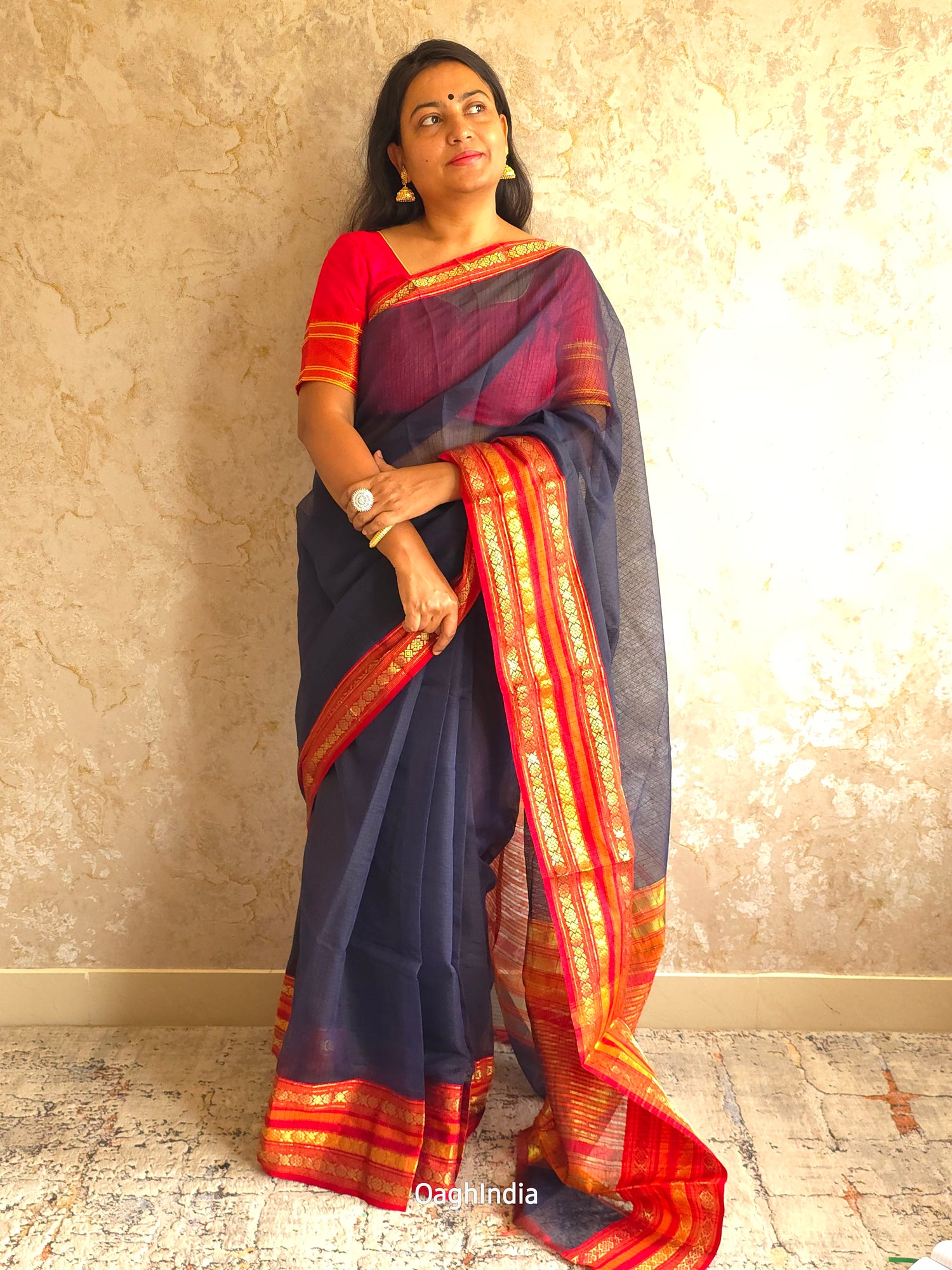 Tamhini: Pure kota doria cotton sarees with exquisite zari chit border ( Dark Blue )