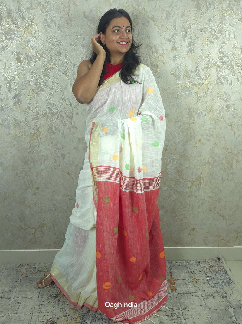 Candy : Beautiful handloom White Khadi saree with Red Pallu