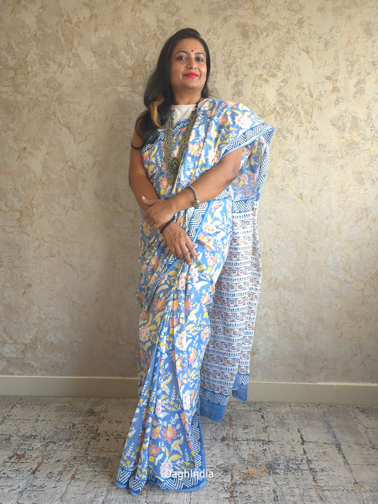 Bosslady - Handblock Sanganeri Print Mul Cotton Saree (White, Blue, Peach, Yellow )