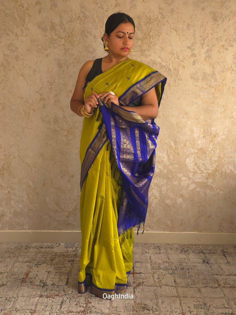 Utsav : Festive Cotton Silk Contrast Saree with Zari Border(Lime Green,Blue)