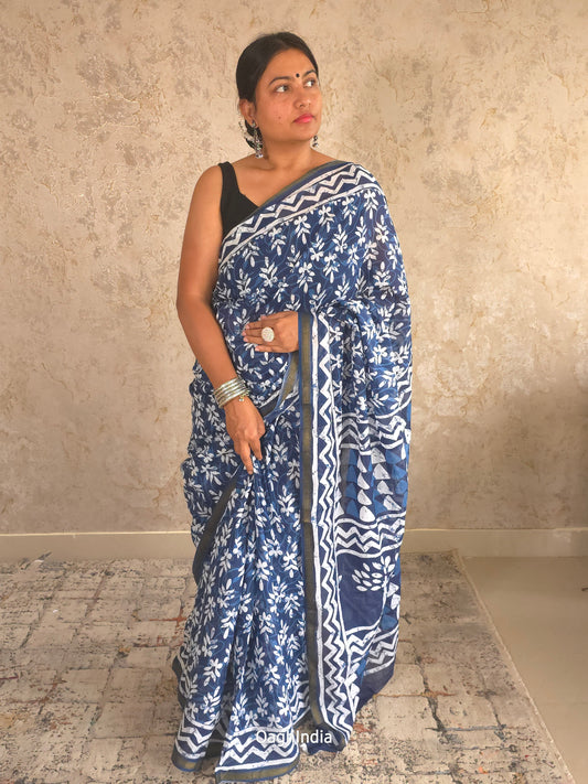 Bosslady - Indigo Leaf Print Chanderi Cotton Saree