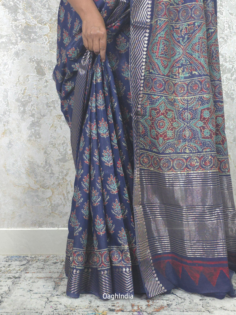 IRA : Ajrakh Handblock print Semi Crepe Saree(Nepthol Blue)