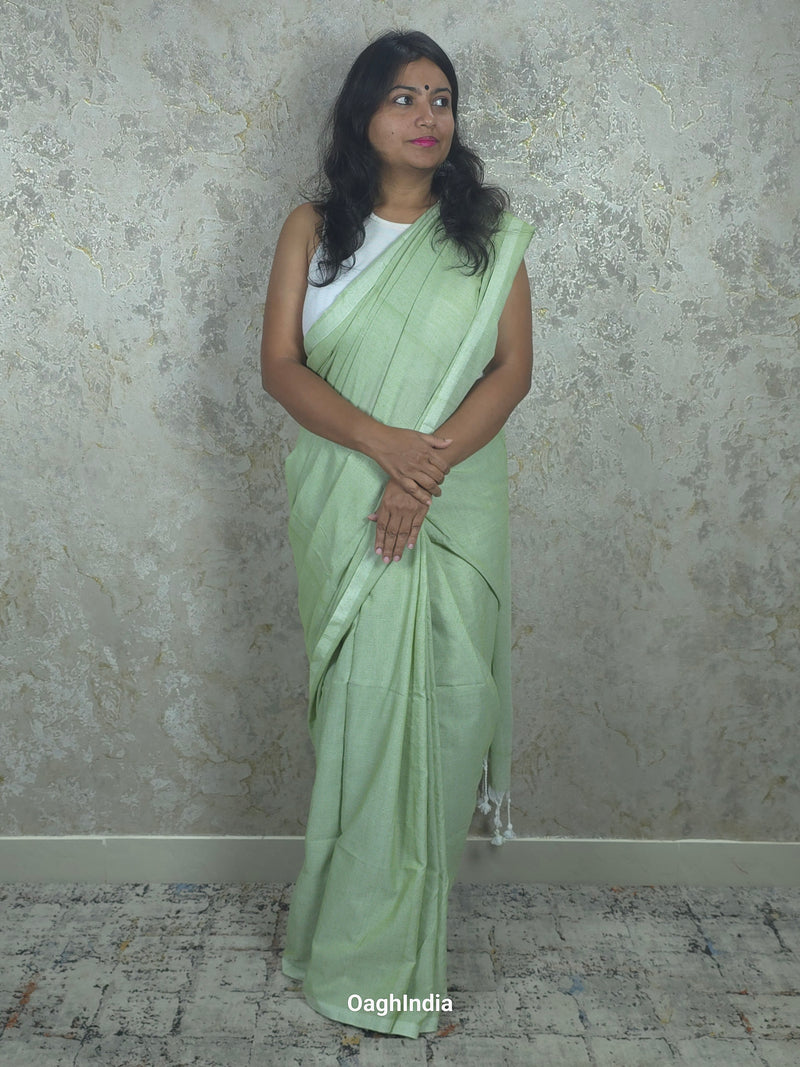 Sadagi: Pista Green Soft Khadi Saree