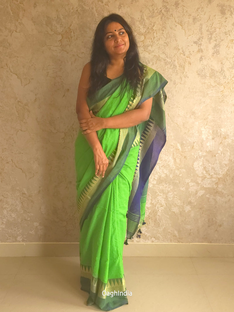 Popsicle : Beautiful Parrot Green khadi saree with temple border