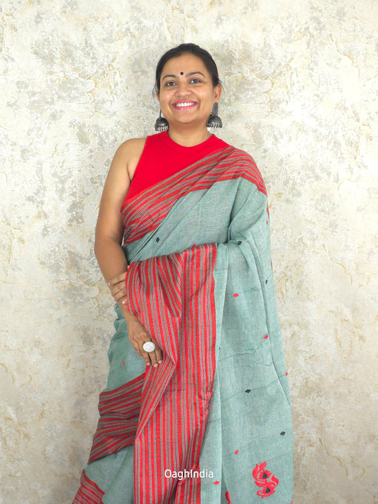 Lata : Phulia Cotton Jamdani Weaving Handloom (Dusty Green)