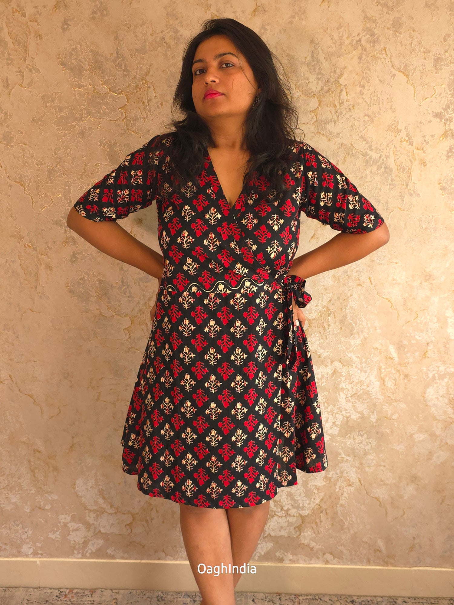 Riya Grace : Ajrakh Wrap Dress(Black, Red, White)